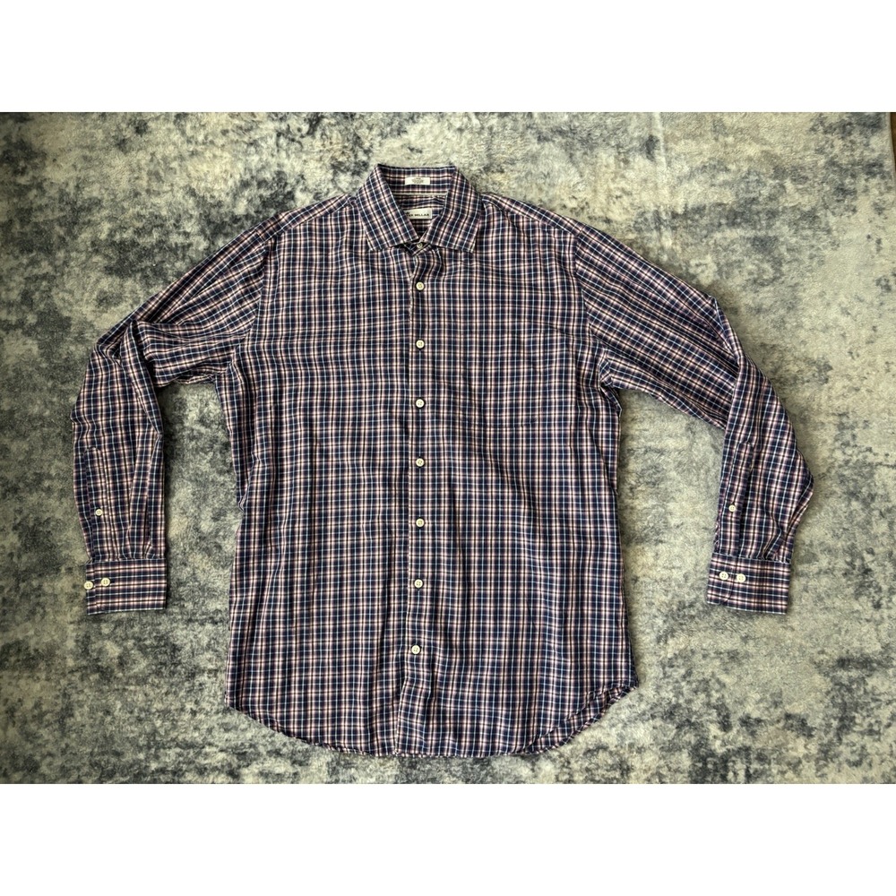 Peter Millar Shirt Men's Large Blue Pink Plaid Button Up L/S Cotton Casual